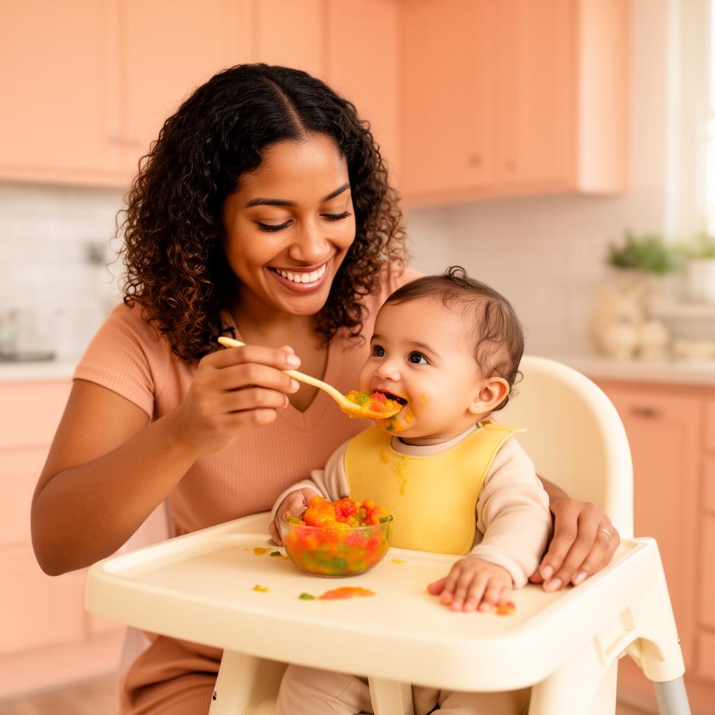 Mamá feliz alimentando a su bebé